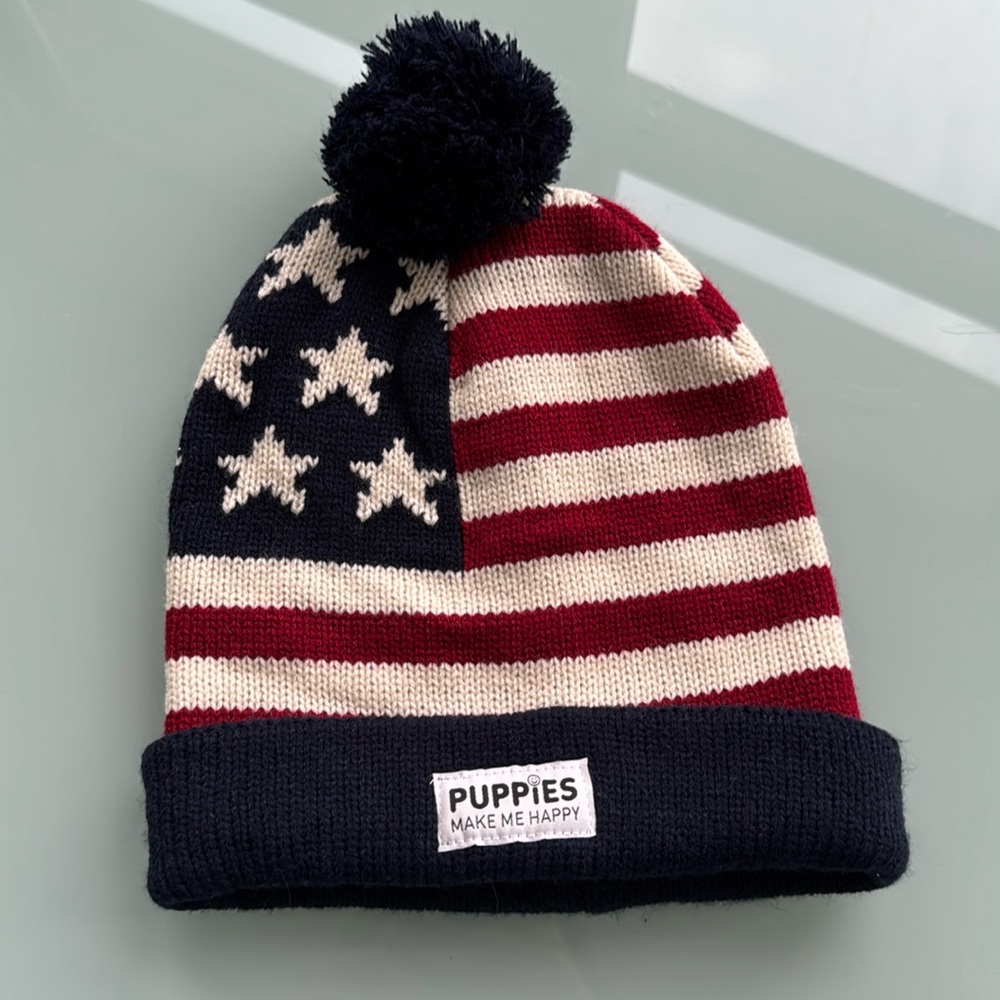 Puppies Make Me Happy Knit Red White and Blue Hat